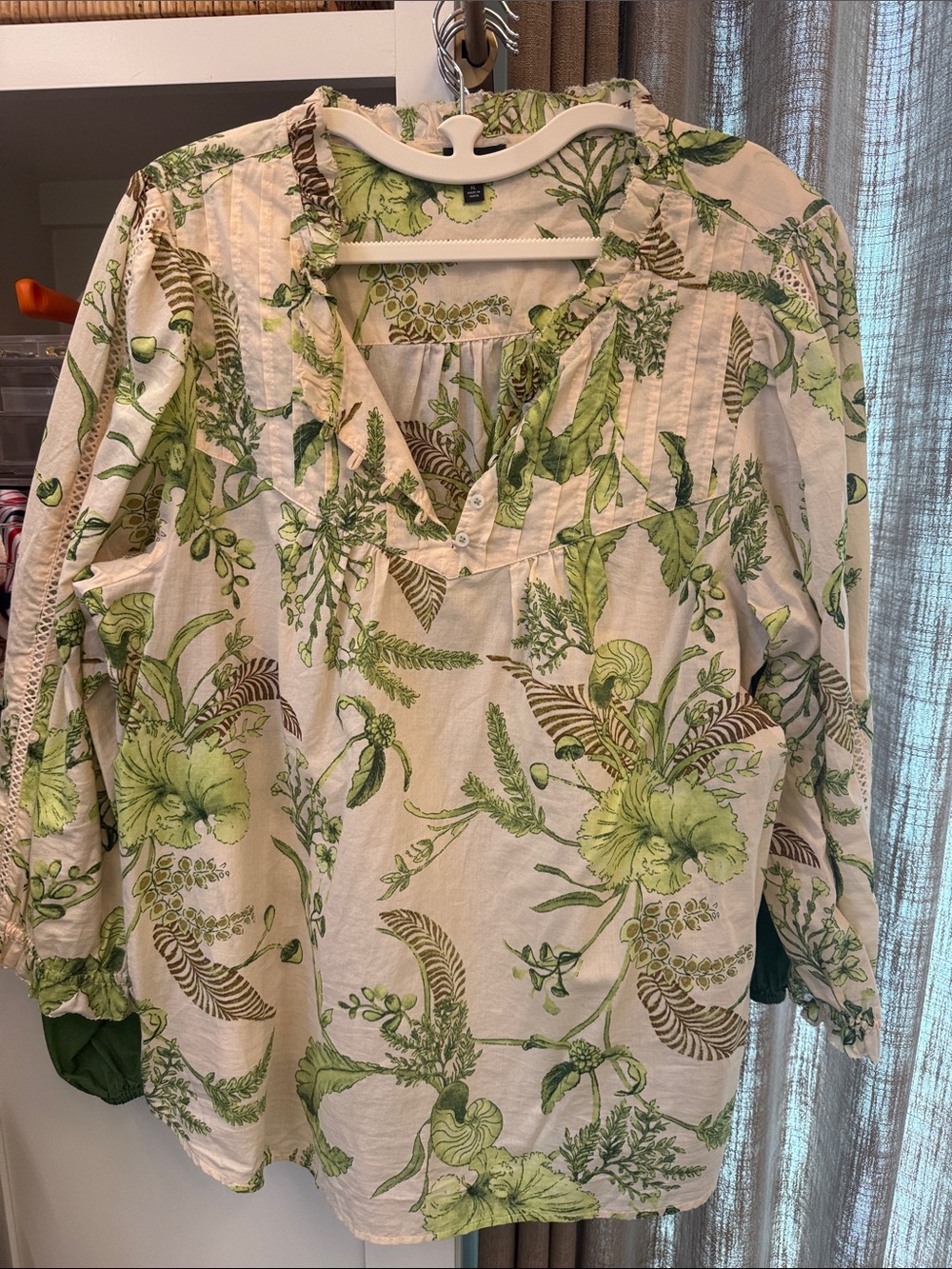 Talbots Cream Blouse with Green Botanical Print